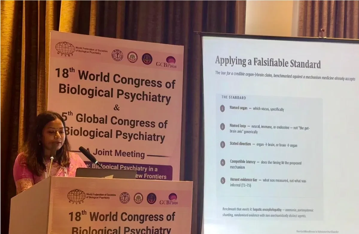 Dr. Soumya Ande presenting a falsifiable standard for organ-to-brain and gut-brain claims at the World Congress of Biological Psychiatry 2026