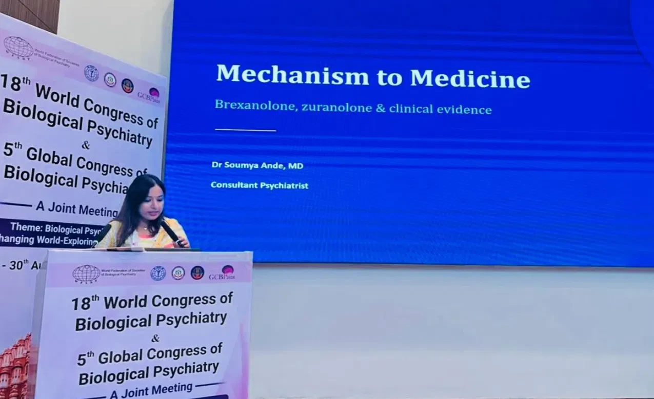 Dr. Soumya Ande presenting 'Mechanism to Medicine: brexanolone, zuranolone and clinical evidence' at the World Congress of Biological Psychiatry 2026